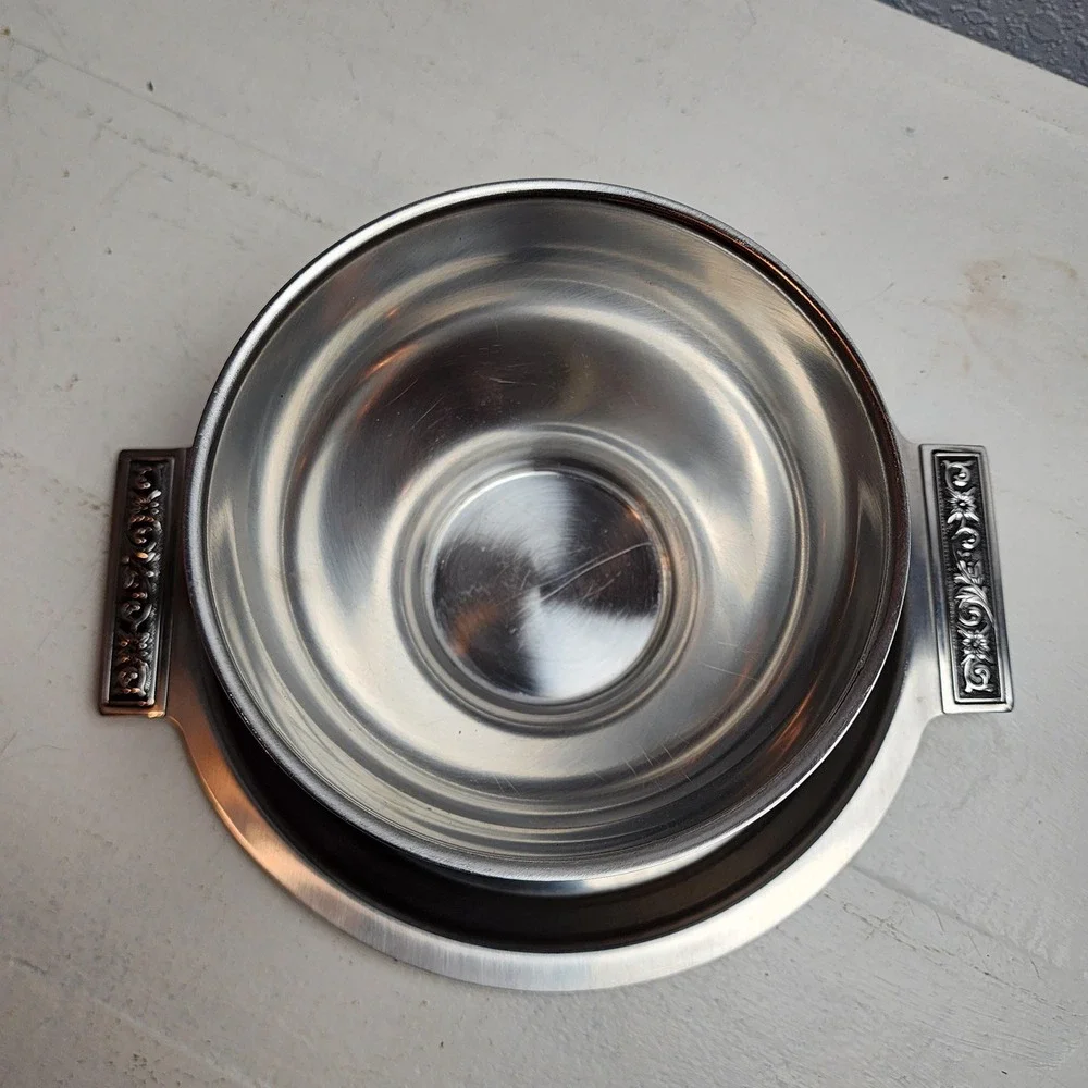 Vintage MCM Silver Bowl with Handles & Tray, Stainless Steel, Neat Black Pattern